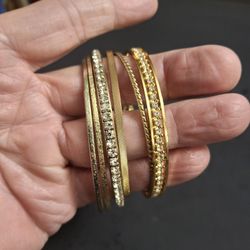 Gold Plated Bangle Bracelets With Rhinestones Set Of 6 - 2 3/8" To 2 5/8" Opening 