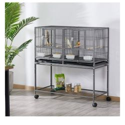 41.5" Stackable Divided Breeder Breeding Parakeet Bird Cage for Canaries Cockatiels Lovebirds Finches Budgies Small Parrots with Rolling Stand, white