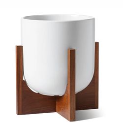 10 Inch Plant Pot with Acacia Wood Stand
