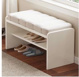 Modern Shoe Bench with Storage, Shoe Rack with Cushion Upholstered Fabric Shoes Changing Stool with 2 Tier Storage Space