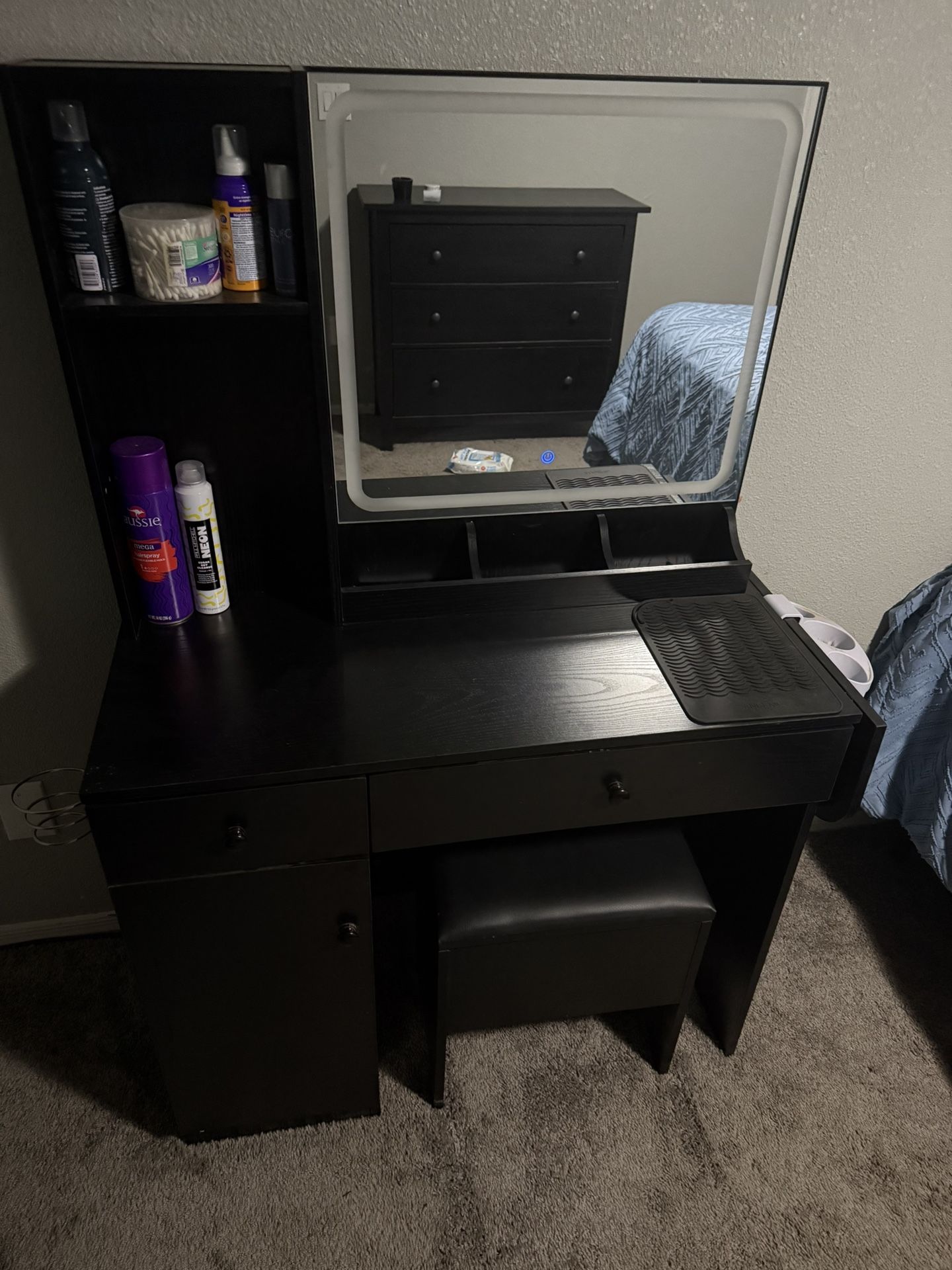 Black Vanity + Seat + Light Up Mirror