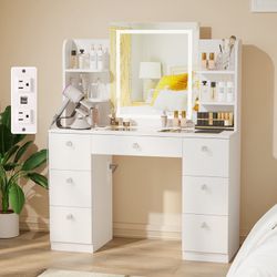 Vanity With LED Mirror And 7 Drawers And 6 Open Shelves
