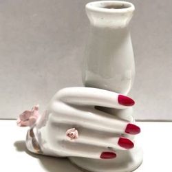 Vintage Collectible Ceramic Freestanding Hand Candle Vase Flowers Plant Holder Home Decoration Accent With Trim Of Gold And Red Nails