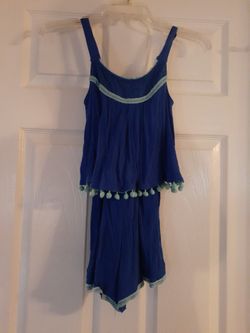 Girls Blue With Mint Teal Trim Short Romper Size Medium. 