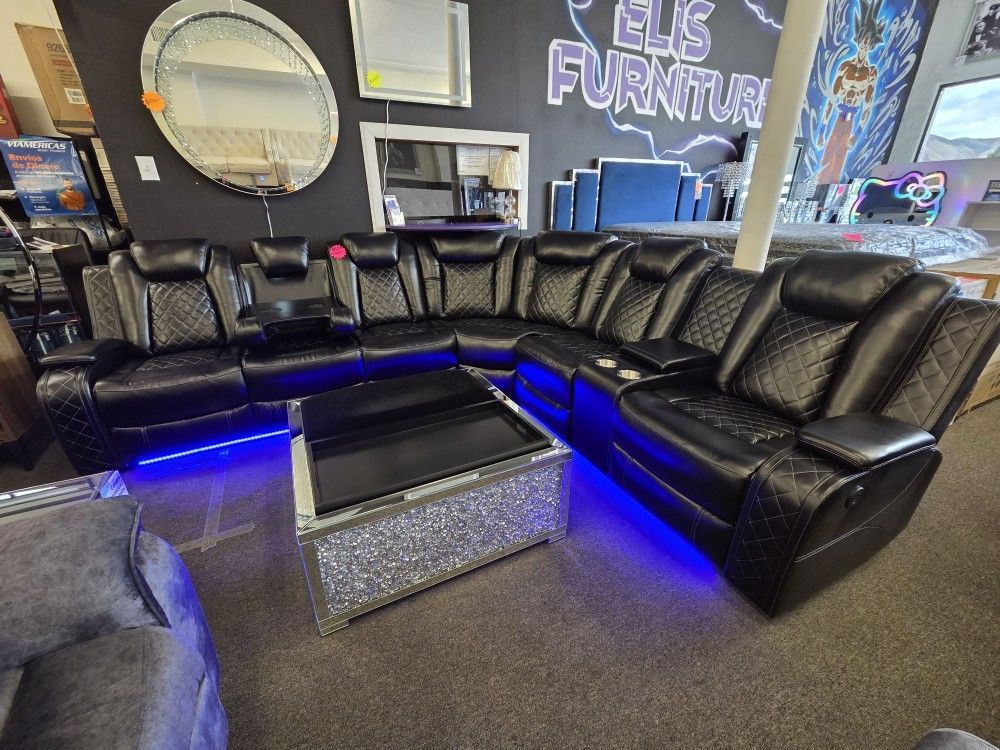 Brand New Sectional 2 Power Recliners Black Faux Leather LED Light W/ WIRELESS CHARGER Trade & READING Light $1599