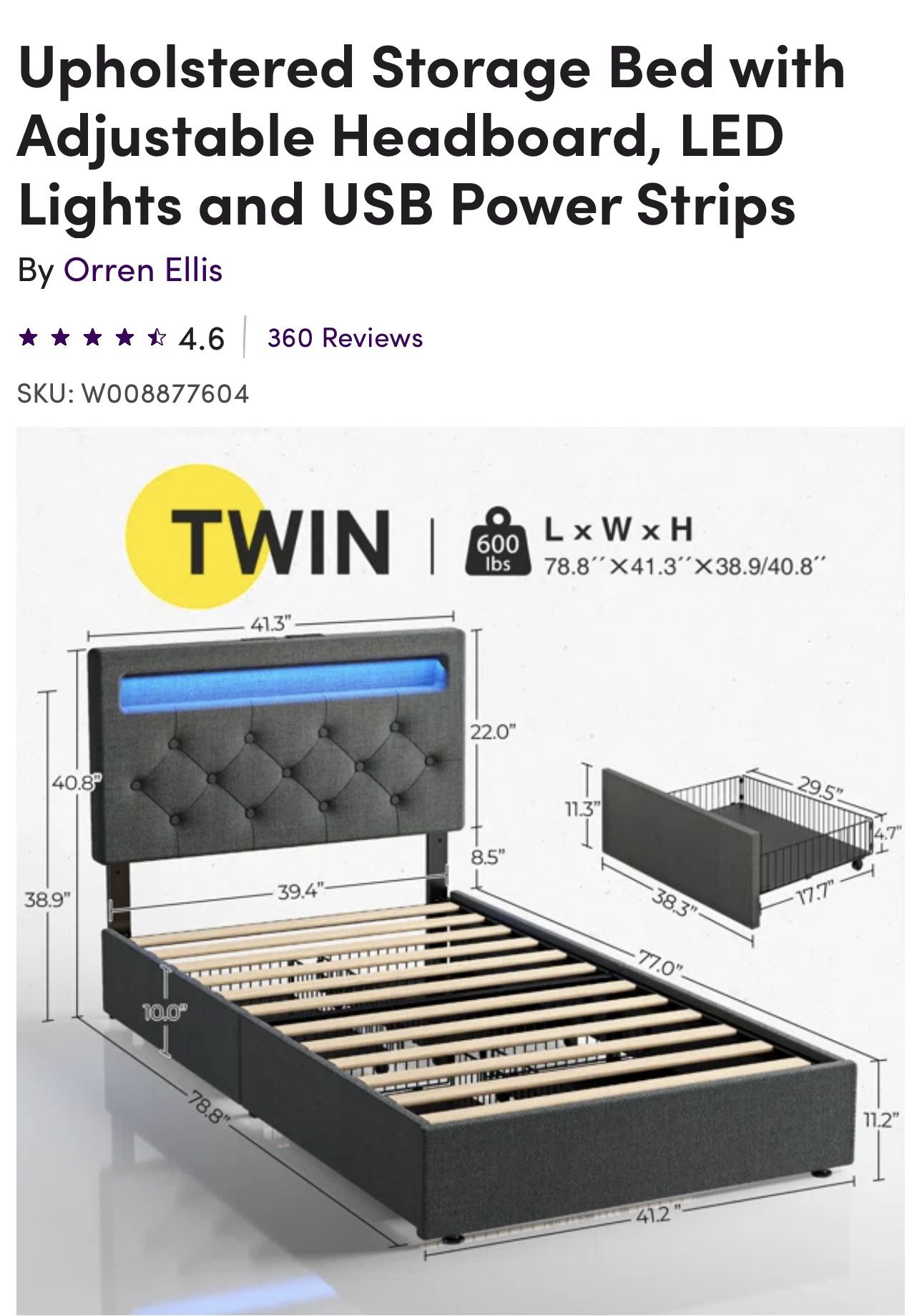 Brand New Unopened Twin Storage Beds with LED Lights and USB Charging Ports