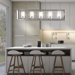  5-Light Linear Chandelier 38.5", Nickel Clear Glass Shades, Adjustable Height Kitchen Island Pendant, Metal Frame, Modern Farmhouse Decor, LED Bulbs 