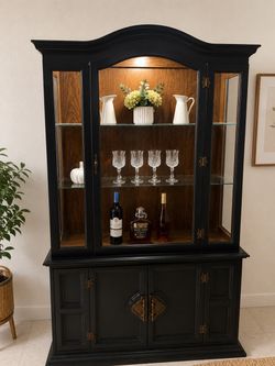 Black China Cabinet/ Dining Room hutch with glass doors/ Display