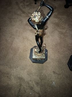 La Dance Pair by Desmeure c1920, Bronze Male Flutists and Female Tamborine Bronze Sculptures, 23"H