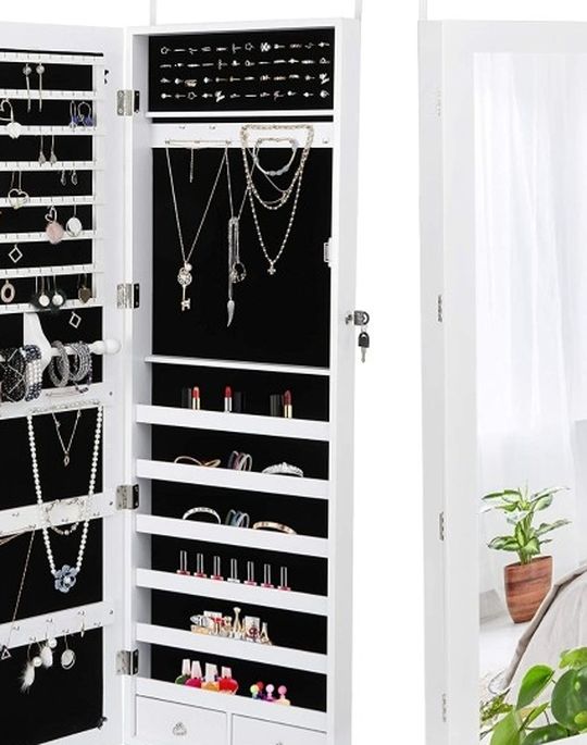 Jewelry Armoire Jewelry Organizer with Full Mirror Lockable Jewelry Cabinet Wall Door Mounted Jewelry Box with Hanging Hooks, 2 Storage Drawers,White