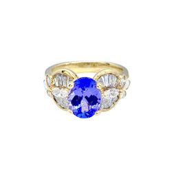 18K Yellow Gold Certified Tanzanite and Diamond Ring