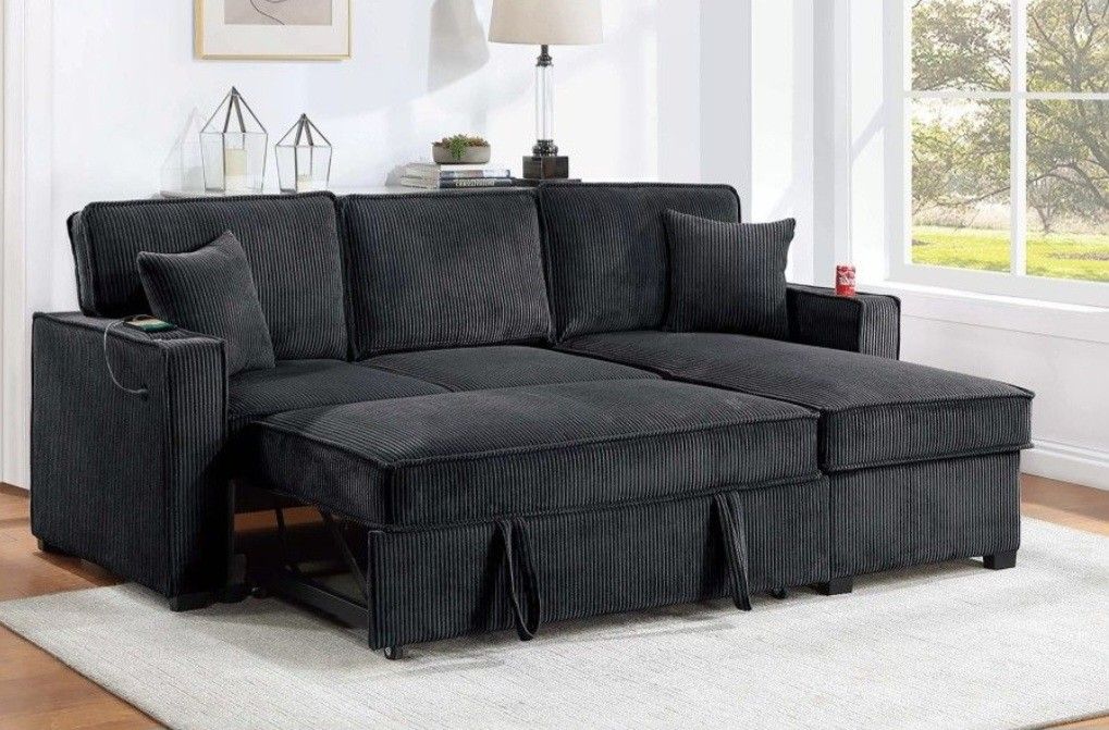 ✅️✅️ Black Convertible Sectional W/ Cup Holder & W/ USB Port✅️✅️