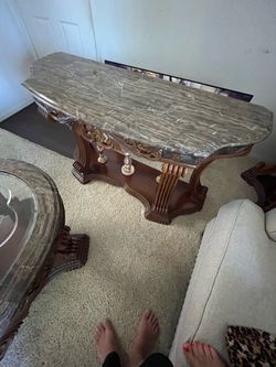 Marble Top Console Table with Carved Wood Base