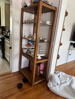 Tall Wooden Etagere Bookshelf with Glass Shelves