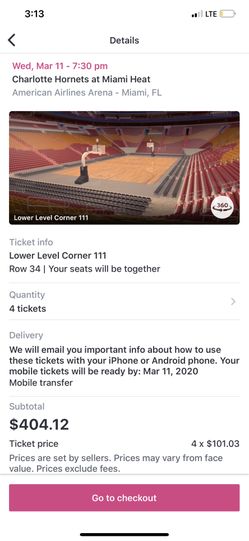 Heat vs Charlotte hornets tonite at AA arena 4 available