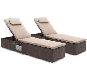 Patio Chaise Lounge Set of 2, Outdoor Rattan Lounge Chair with 6-Level Backrest, Comfy Seat Cushion & Headrest, Sturdy Metal Frame, Outside Reclining 