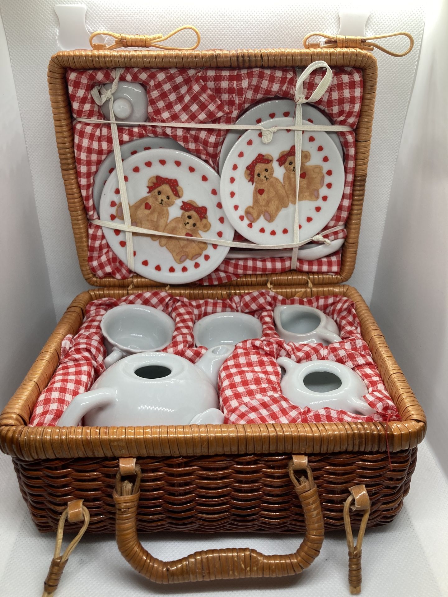 Miniature Ceramic Tea Set Hearts & Teddy Bears 13 Pieces Valentines Day Basket Gift