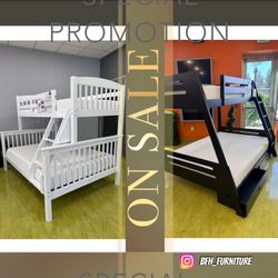 Twin/Full Black Bunk bed w. Drawers & Ortho Mattresses Included 