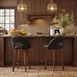 Mid-Century Swivel 26" Counter Stools, Faux Leather Upholstered Barstools with Cutout Back and Solid Wood Legs