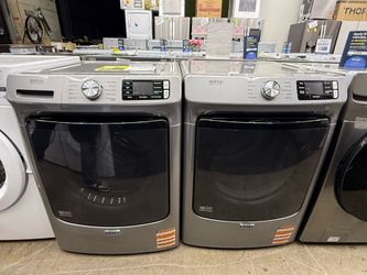 New open box Maytag Stainless steel front load washer and gas dryer set