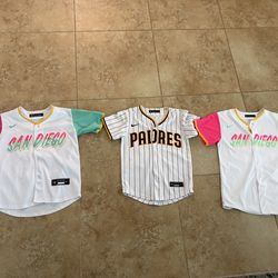 3 San Diego Padres Youth Jerseys pin stripe and city connect Machado and Tatis