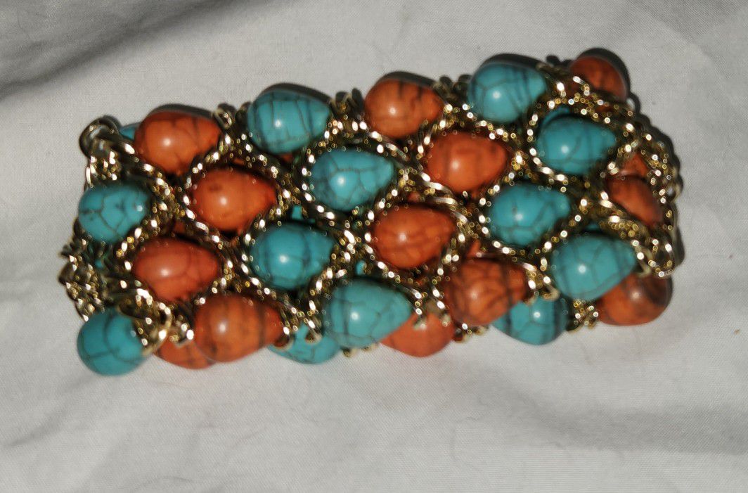 Turquoise And Coral Stone Stretch Bracelet Gold Color Chain