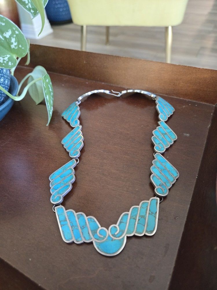 Vintage Turquoise Inlay Necklace Sterling Silver 925