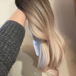   Beautiful long silky big curly ombre brown blonde hair wig 