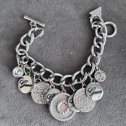 Guess Silver Charm Bracelet with Engraved Medallion Charms
