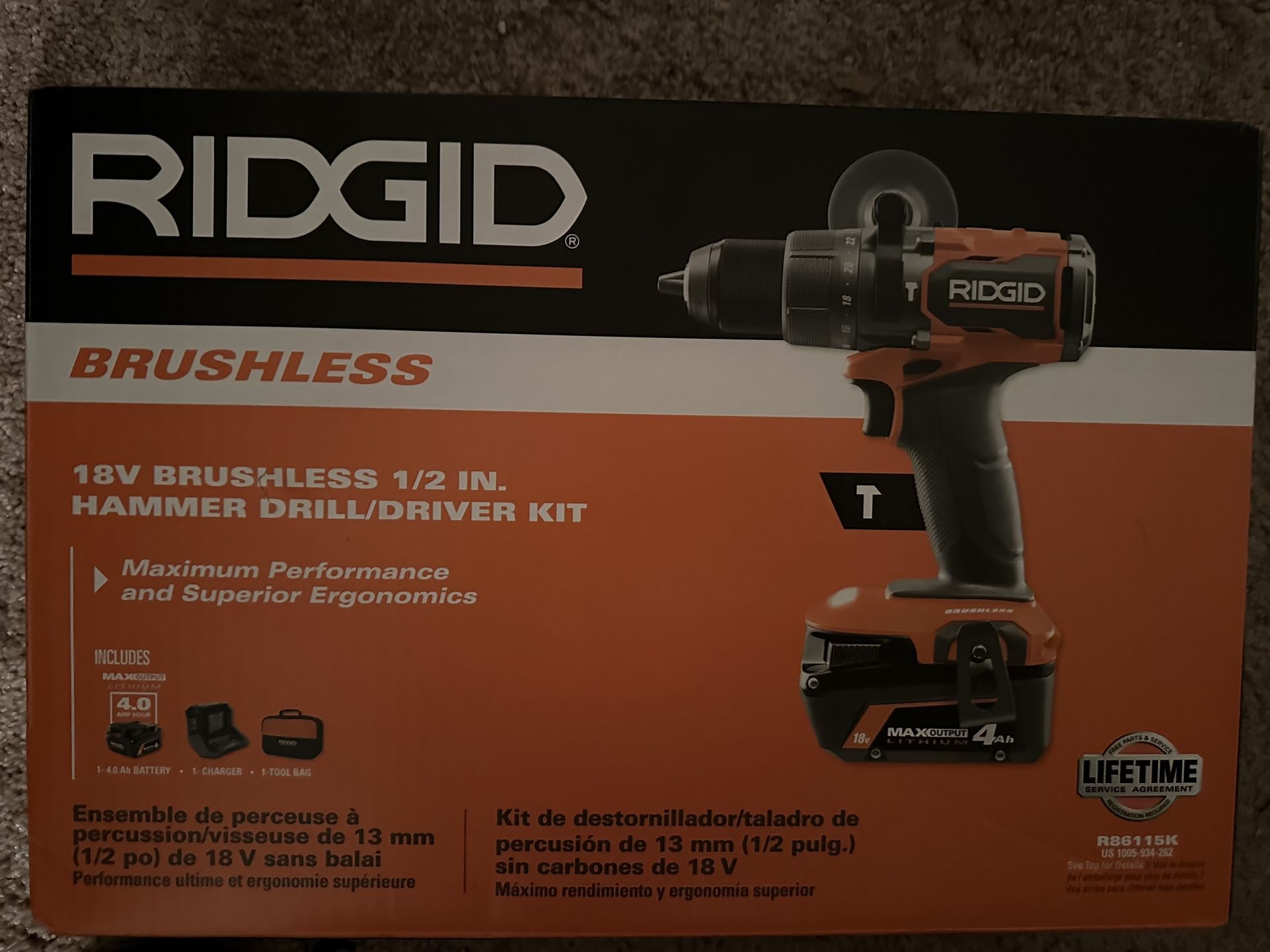 Ridgid 18V Brushless Cordless 1/2 in. Hammer Drill/Driver Kit with 4.0 Ah MAX Output Battery, 18V Charger, and Tool Bag