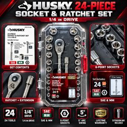 Husky 24-Piece 1/4" Drive SAE/Metric Socket & Ratchet Set