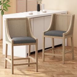 ModernLuxe Deville French Country Fabric Upholstered Wood and Cane 25.5 inch Counter Stools Set of 2 Charc...