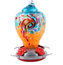 Hummingbird Feeder for Outdoors Patio Large 32 Ounces Colorful Hand Blown Glass Hummingbird Feeder with Ant Moat Hanging Hook, Rope, Brush and Service