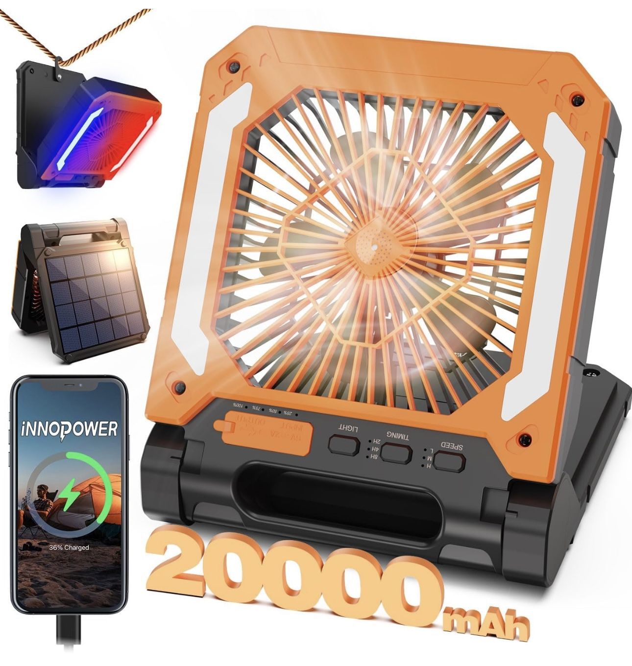 20000mAh Rechargeable Solar Powered Portable Fan with Led Lantern, 3 Speeds Cordless Battery Operate