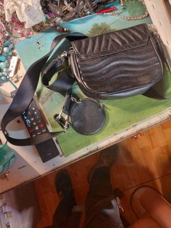 black faux leather quilted crossbody bag  adjustable strap And Zip Pouch Aditla