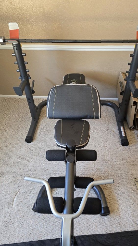 Gold's Gym XRS 20 Adjustable Olympic Workout Bench with Squat Rack, Leg Extension, Preacher Curl, and Weight Storage