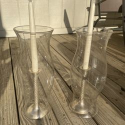 2 Silver Candle Holders Hurricane Glass