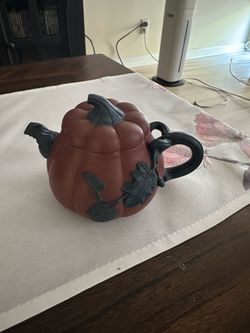 Yixing style vintage clay pumpkin-shaped teapot / decorative container with carved leaf and vine details