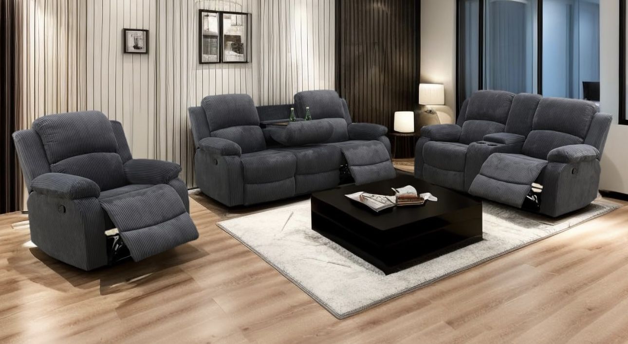Charcoal Gray Microfiber Fully Reclining Three Piece Couch Set