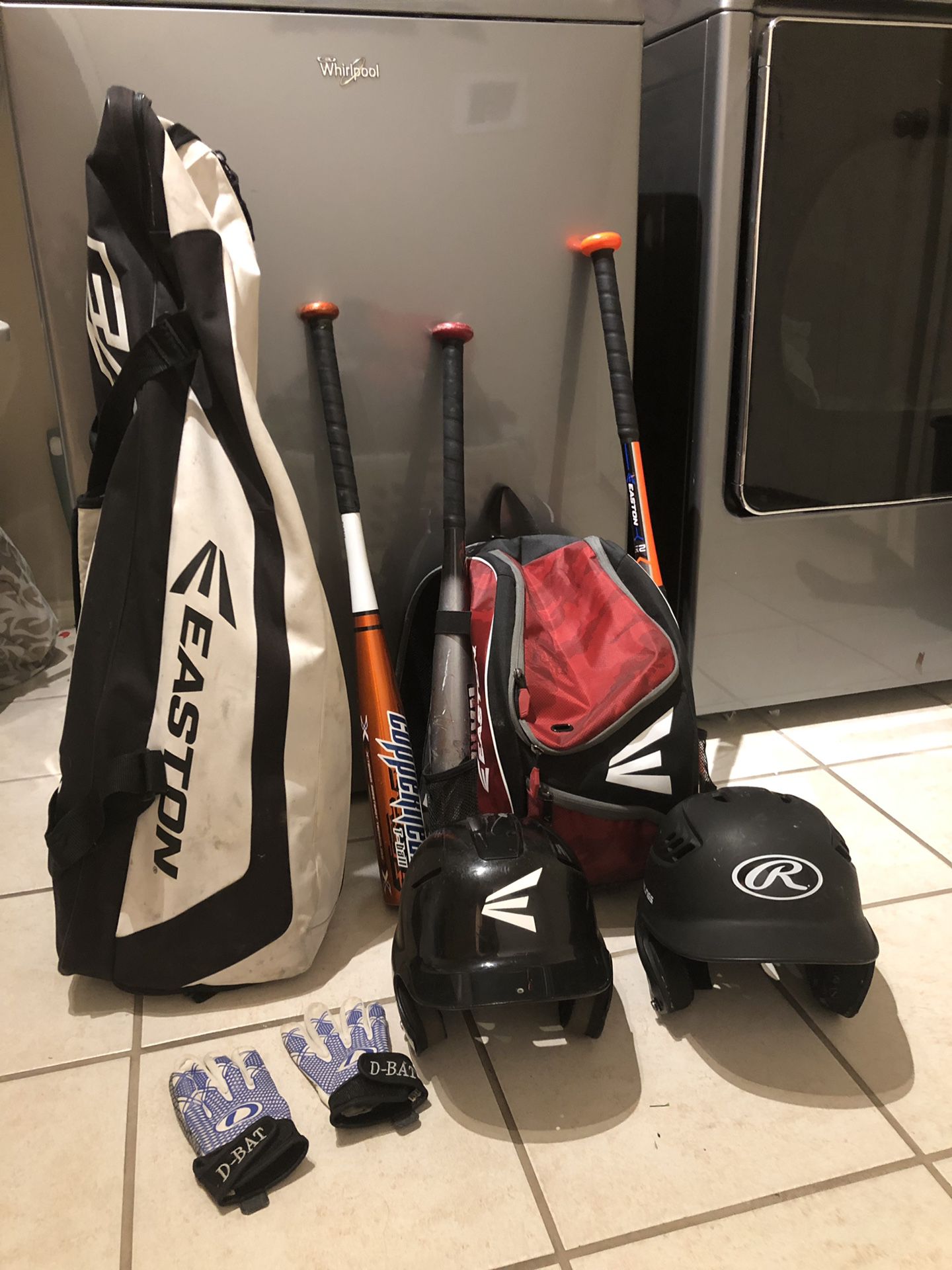Youth baseball bats, bags, helmets, and gloves