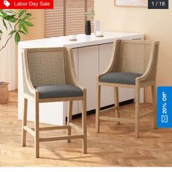 4 Cataldo Fabric Upholstered Wood and Cane 25.5 inch Counter Stools