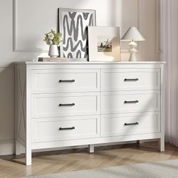 Farmhouse White 6 Drawers Dresser for Bedroom, Wood Rustic Wide Chest with Natural Texture, Storage Dressers Organizer for Bedroom, Hallway, Entryway