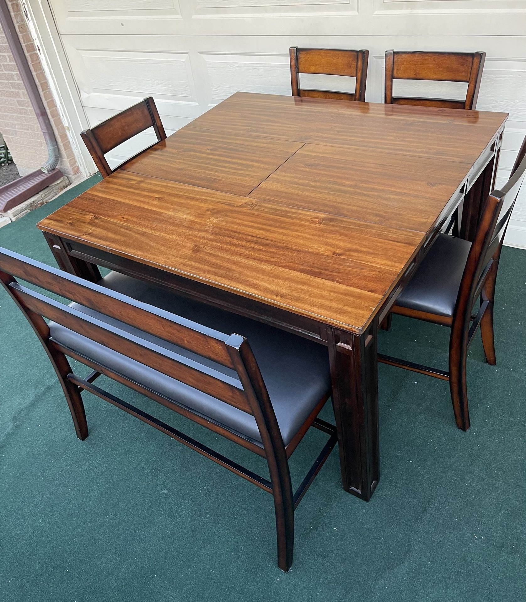 6-PC HIGH TOP SOLID WOOD DINING SET (TABLE WITH LEAF, 4 PADDED CHAIRS AND 1 PADDED BENCH)