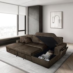 Brand New Super Plush Brown Sectional Sofa Storage Sleeper
