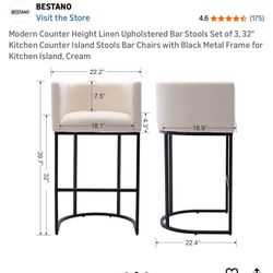 odern Counter Height Linen Upholstered Bar Stools Set of 3, 32"