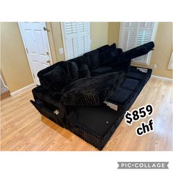 BLACK Corduroy U-Shaped Pull Out Sectional Sofa w/ Storage Chaises w/ USB + Pillows