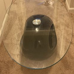 High Gloss Coffee Table with Oval Tempered Glass Top and Hollow Storage Shelf,End Side Table for Living Room,Waiting Room,Office 45.3"x25.6"x15.7"(LxW