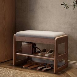 🪑 Brand New KASLANDI Small Shoe Bench with Cushion – 2-Tier Wood Entryway Storage (Walnut, 23.6”) 🪑