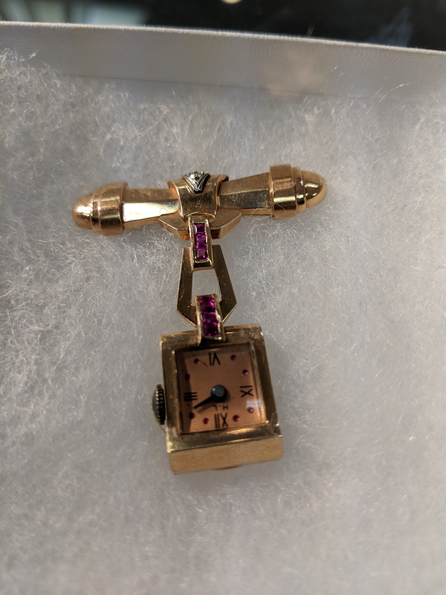 ANTIQUE WATCH PIN WITH DIAMOND AND RUBIE'S