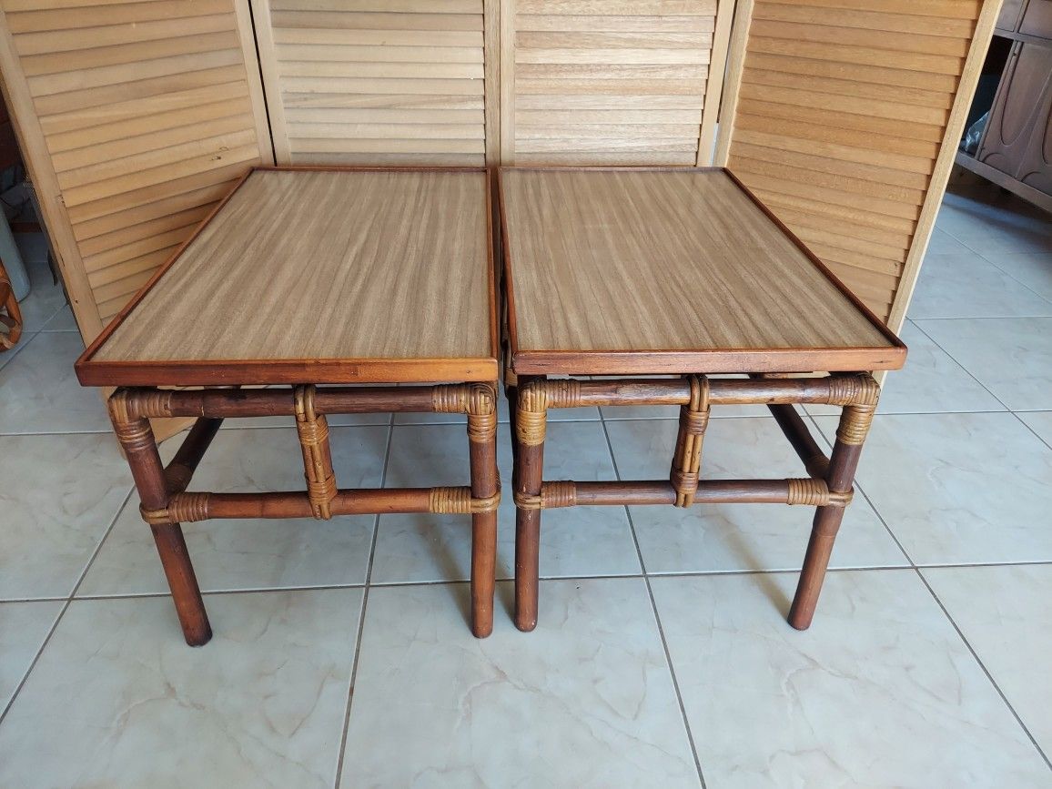 Pair of Vintage 40'S or 50'S Rattan End Tables with Unusual Floating Tops.